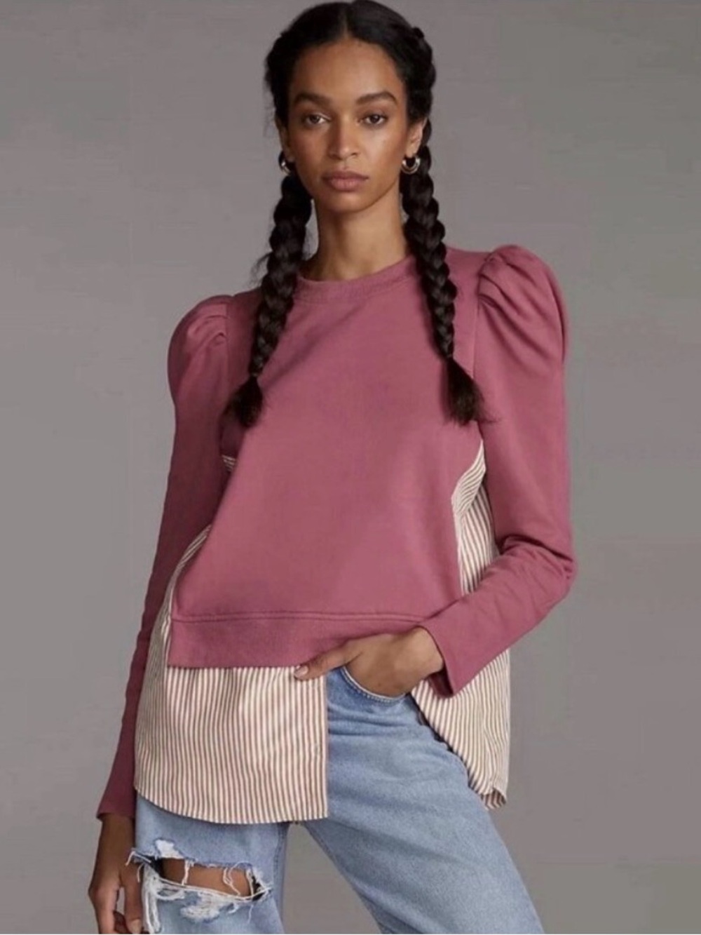 Anthropology Maeve Mauve Puff-Sleeve Layered Hem Sweatshirt